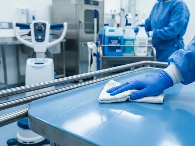Profesyonel ekipmanla dezenfekte edilen çalışma yüzeyi